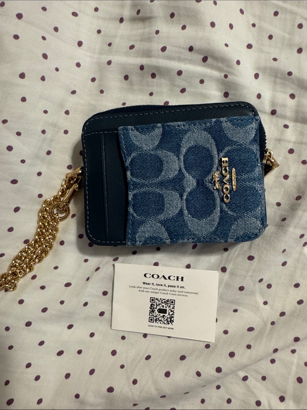 Coach Denim Signature Mini Card Pouch with Gold Chain